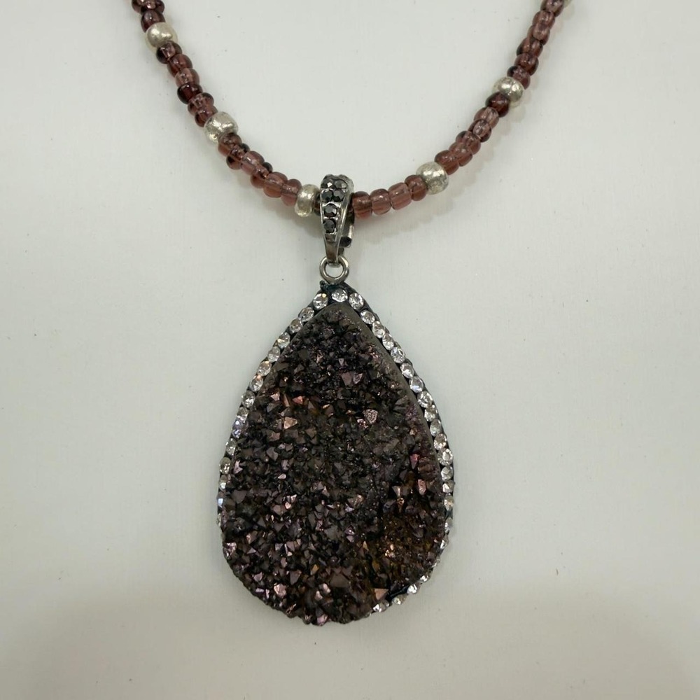 Druzy Beaded Necklace Stone Pendant Teardrop Boho Design